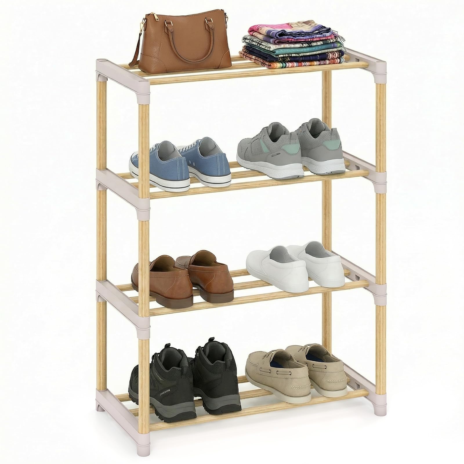Tangkula 4-Tier Freestanding Solid Wood Shoe Rack with Slatted Open Shelves